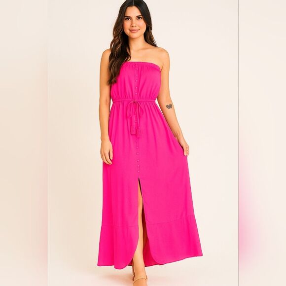 Pink Lily Hot Pink Strapless Maxi Dress Button Fron Size M Boho Summer Vacation - Picture 1 of 7